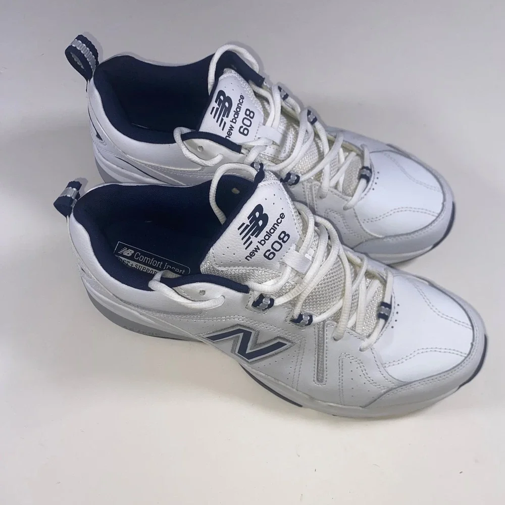 New Balance 608 v5 Mens 10 White Navy Blue Training Shoes MX608WN5 Leather